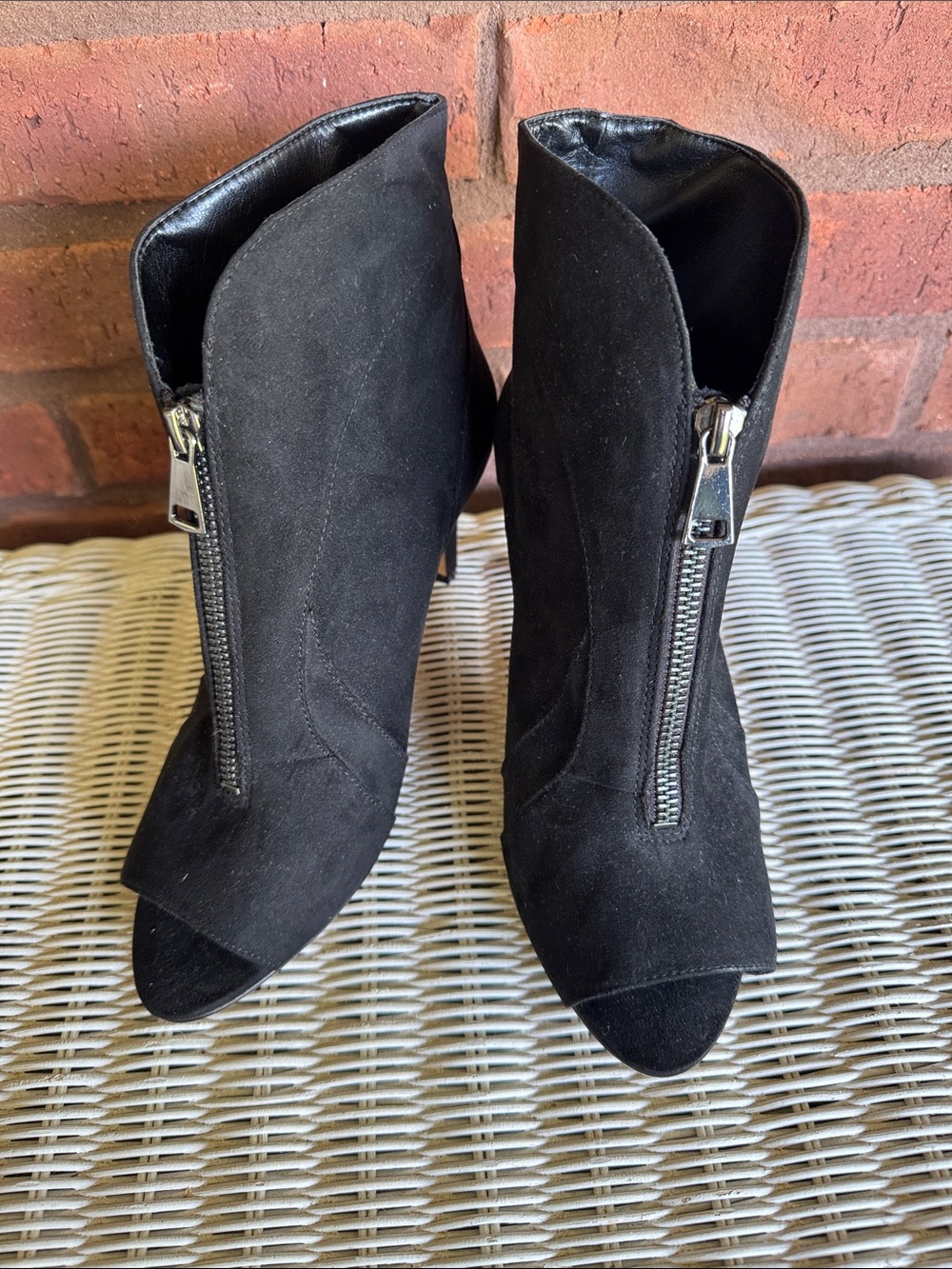 Black Suede Peep-Toe Ankle Booties with Front Zip